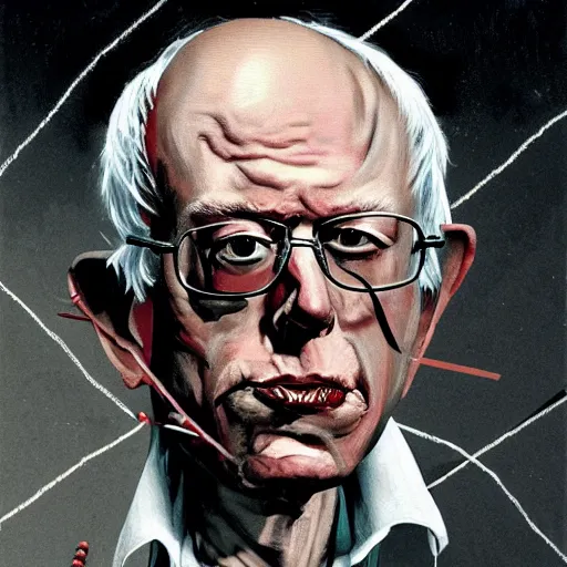 Image similar to bernie sanders cyborg graphic illustration, creative design, skinless head, biopunk, body horror, full body portrait, character design, by ralph steadman, francis bacon, hunter s thompson