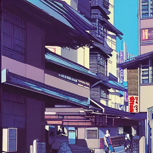 Image similar to japanese town, neighborhood, modern neighborhood, japanese city, underground city, modern city, tokyo - esque town, 2 0 0 1 anime, cel - shading, compact buildings, art by syd mead