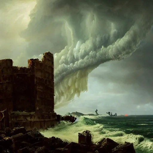 Prompt: Panorama view of a tornado carrying ruined pieces from an ancient castle in its winds, flying island, oil painting, by Greg Rutkowski