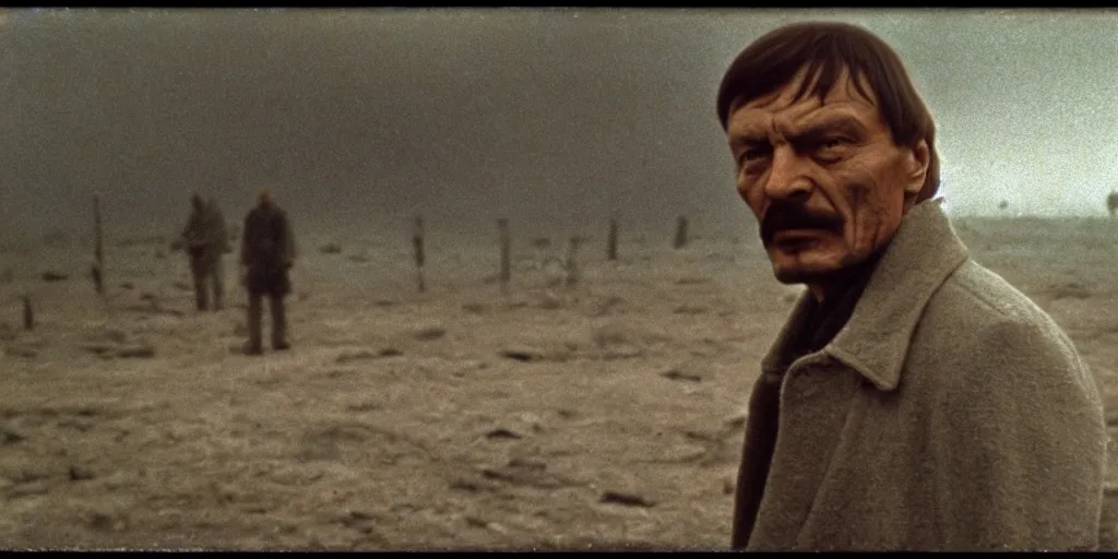 Image similar to detailed medium format photo, polaroid still from tarkovsky movie, sleazy man watching over the zone, haze, high production value, intricate details, 8 k resolution, hyperrealistic, hdr, photorealistic, high definition, tehnicolor, award - winning photography, masterpiece, amazing colors