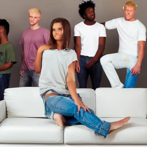 Prompt: beautiful blonde teen girl sits on a white sofa, 5 afroamerican men in white t-shirts standing at background, studio light, realistic photo