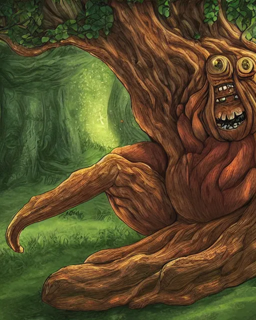 Image similar to a giant relaxed tree monster laying down in a firewood - fire, digital art, high detail