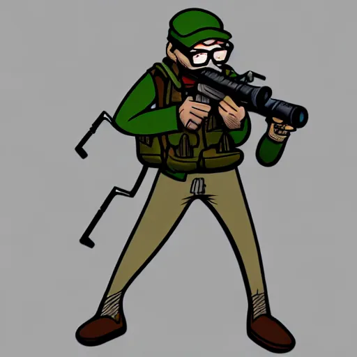 Image similar to sniper nerd dork geek, illustrated, detailed