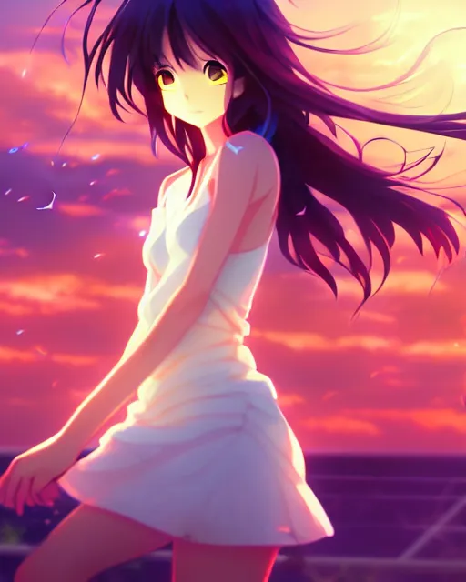 Prompt: anime style, vivid, expressive, full body, 4 k, a cute girl with white skin and long wavy hair humming a song, stunning, realistic light and shadow effects, centered, simple background, studio ghibly makoto shinkai yuji yamaguchi