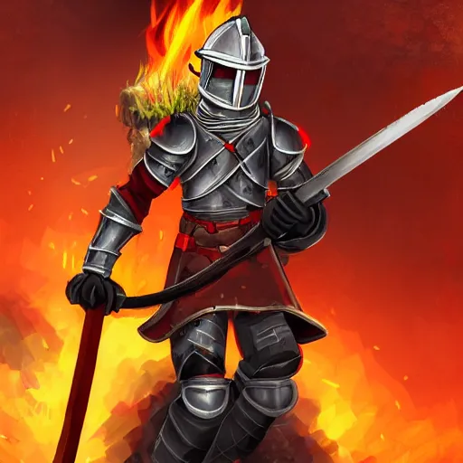 Image similar to A fantasy knight wearing firefighter gear and holding a fire axe, highly detailed, digital art, sharp focus, trending on art station, fire elemental, anime art style