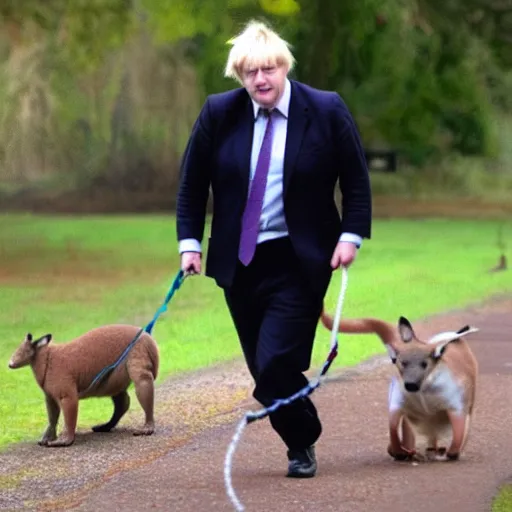 Prompt: Boris Johnson walking his pet kangaroo, adorable, cute, realistic, 4K, HD