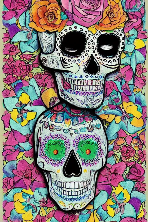 Prompt: illustration of a sugar skull day of the dead girl, art by storm thorgerson