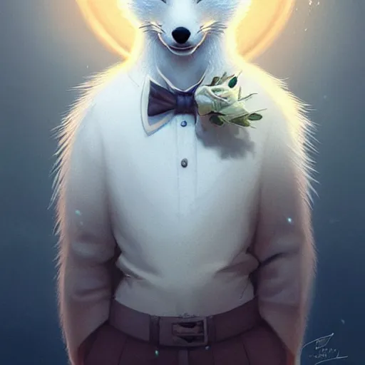 Image similar to elegant anthropomorphic arctic fox butler!!! by artgerm, victo ngai, ryohei hase, artstation, highly detailed digital painting, smooth, global illumination, fantasy art by greg rutkowsky, karl spitzweg