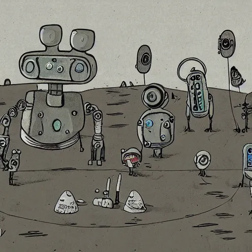 Prompt: Dirty robots in a bleak future, in the style of Machinarium from Amanita Design