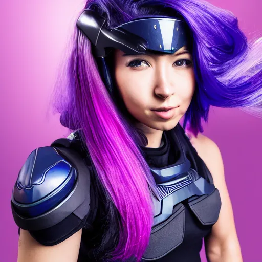 Image similar to a award winning action upper body portrait of a beautiful woman with a ombre purple pink hairstyle with head in motion and hair flying while wearing futuristic navy blue bodyarmor and pauldrons, outrun, vaporware, highly detailed, fine detail, intricate