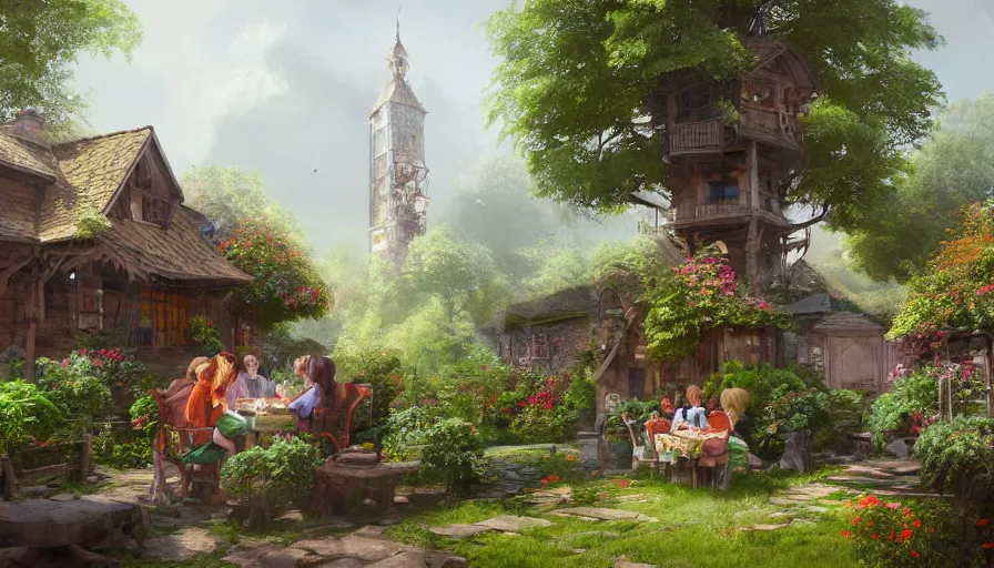 Prompt: Family having lunch in a flowered garden of a charming wooden house with a tower, hyperdetailed, artstation, cgsociety, 8k