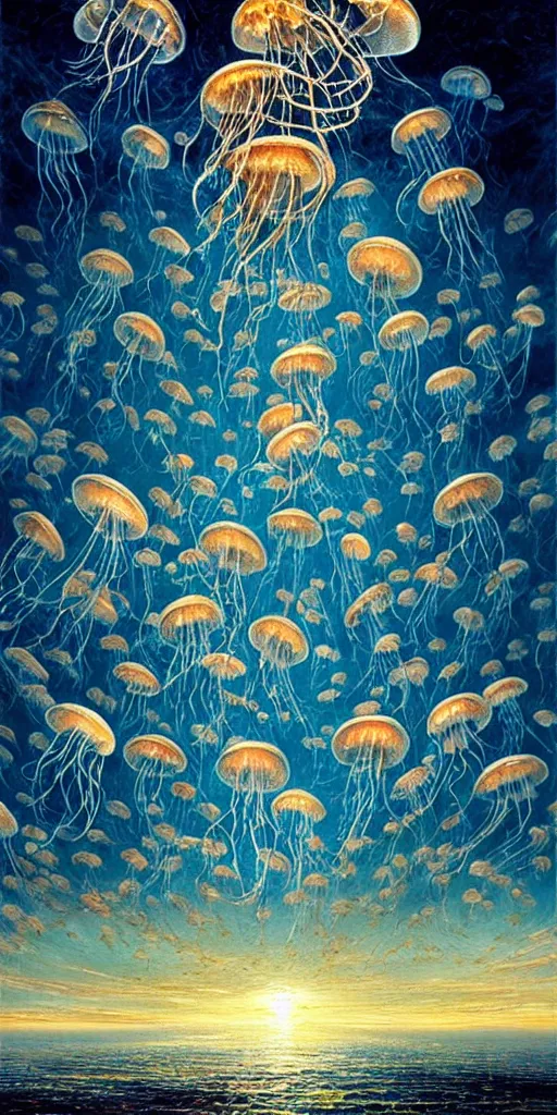 Image similar to baroque oil painting of a thousand little jellyfish flying through the sky!!! different realm, cinematic, dark fantasy, acrylic palette knife, high detail, hyper realism, ray tracing, 4 k resolution, 8 k resolution, full hd, neon, realistic painting by junji ito, laurie lipton and michael whelan