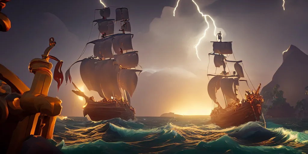 Prompt: sea of thieves screenshot, a chtulhu is visible, storm, unreal engine, digital art