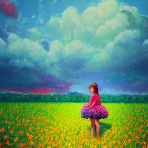 Image similar to large flower face, girl standing in a flower field, surreal photography, sunrise dramatic light, impressionist painting, colorful clouds, digital painting, pointillism, artstation, simon stalenhag