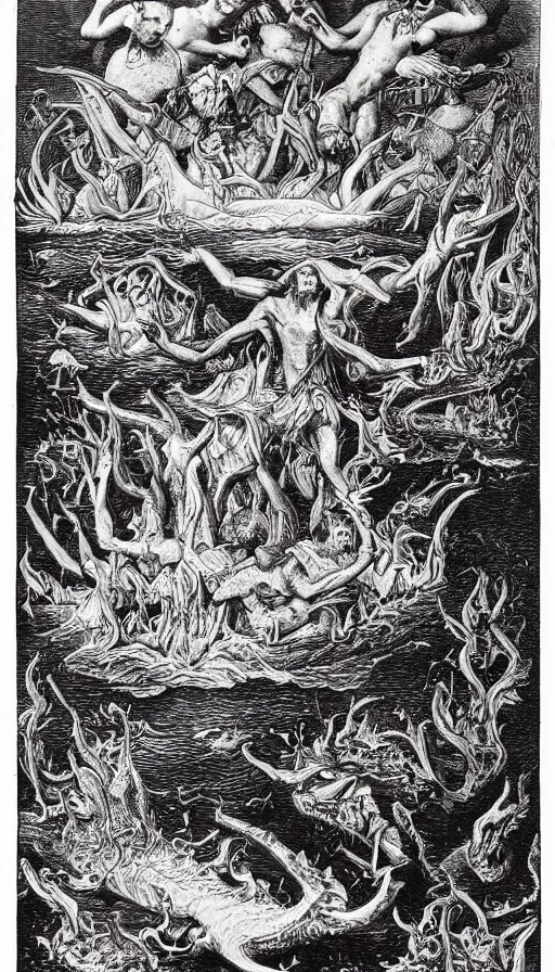 Prompt: man on boat crossing a body of water in hell with creatures in the water, sea of souls, by ernst haeckel