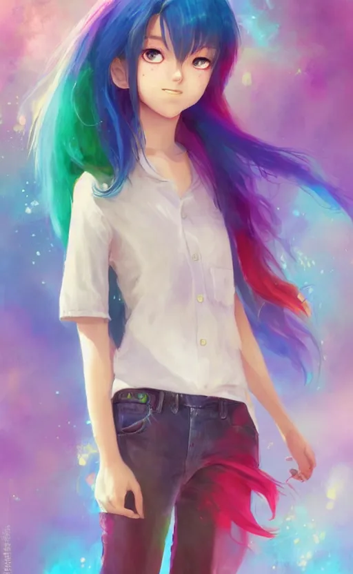 Image similar to a kawaii woman with rainbow hair, soft eyes and narrow chin, dainty figure, long hair straight down, kawaii shirt and jeans, basic white background, In style of by Jordan Grimmer and greg rutkowski, crisp lines and color