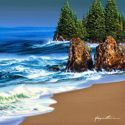 Prompt: the oregon coast rocky shoreline waves crashing with a magnificent blue sky and the towering fir trees, photorealistic art