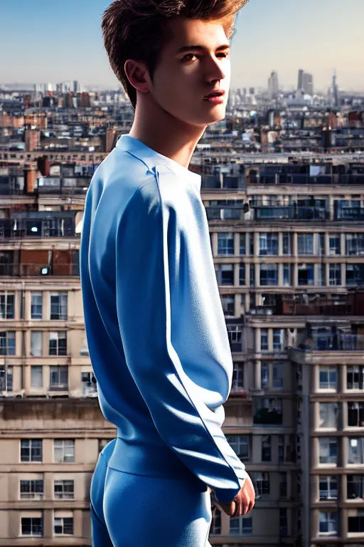 Image similar to un ultra high definition studio quality photographic art portrait of a young man standing on the rooftop of a british apartment building wearing soft padded silver pearlescent clothing. three point light. extremely detailed. golden ratio, ray tracing, volumetric light, shallow depth of field. set dressed.