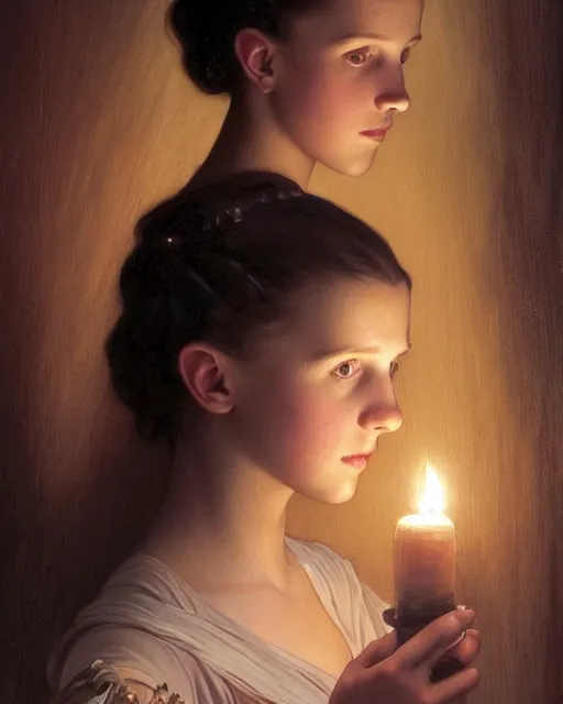 Prompt: a shadowy portrait painting of a shy, blushing 1 6 - year old alicia vikander or millie bobby brown as a princess lit only by candlelight in the darkness, intricate, elegant, highly detailed, artstation, concept art, by krenz cushart and donato giancola and william adolph bouguereau and alphonse mucha