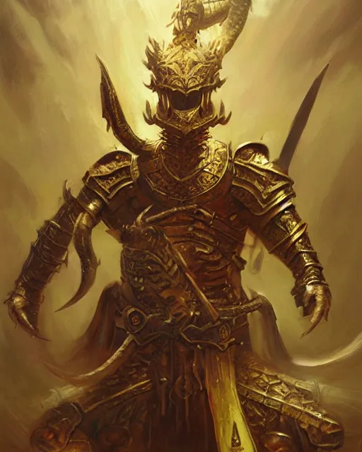 Image similar to Golden Dragonborn Samurai. Award winning oil painting by, ross tran, Thomas Cole and Wayne Barlowe. Highly detailed