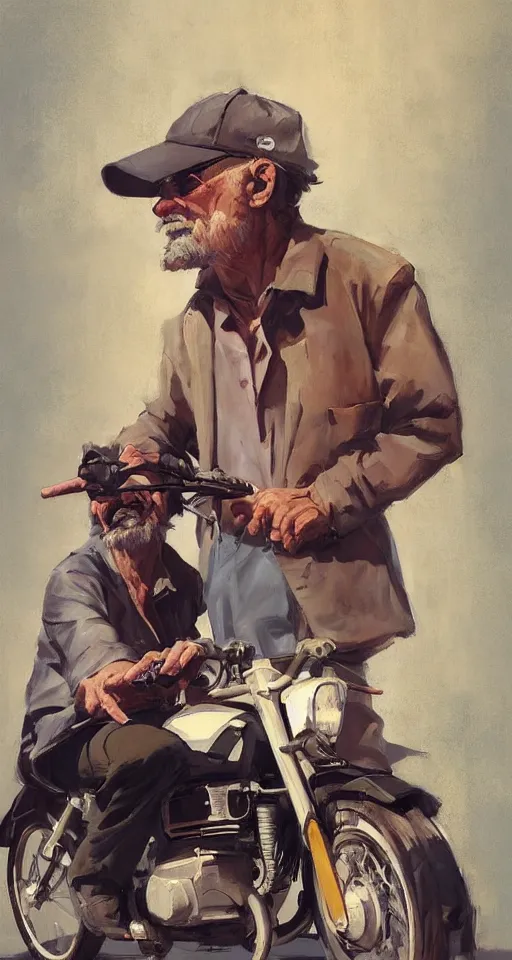 Image similar to greg manchess portrait painting of old man on moped motorbike, medium shot, asymmetrical, profile picture, organic painting, sunny day, matte painting, bold shapes, hard edges, street art, trending on artstation, by huang guangjian and ail elvgren and sachin teng