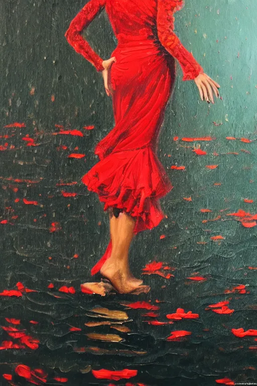 Prompt: detailed oil painting of spanish flamenco dancer wearing a red dress made of flowers, dress engulfed in flames, standing waist deep in water, midnight, moon, dimly lit, looking away, dark shadows, ethereal, foggy, moody, photo realistic, high definition, 4 k, slr