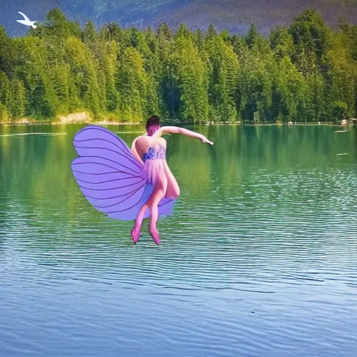 Prompt: flying fairy with wings timidly tipping toe into the center of a lake