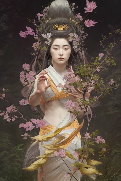 Image similar to Japanese goddess of nature, accurate anatomy, only two hands, highly detailed, digital painting, artstation, concept art, smooth, sharp focus, illustration, Unreal Engine 5, 8K, art by Ross Tran and greg rutkowski and alphonse Mucha