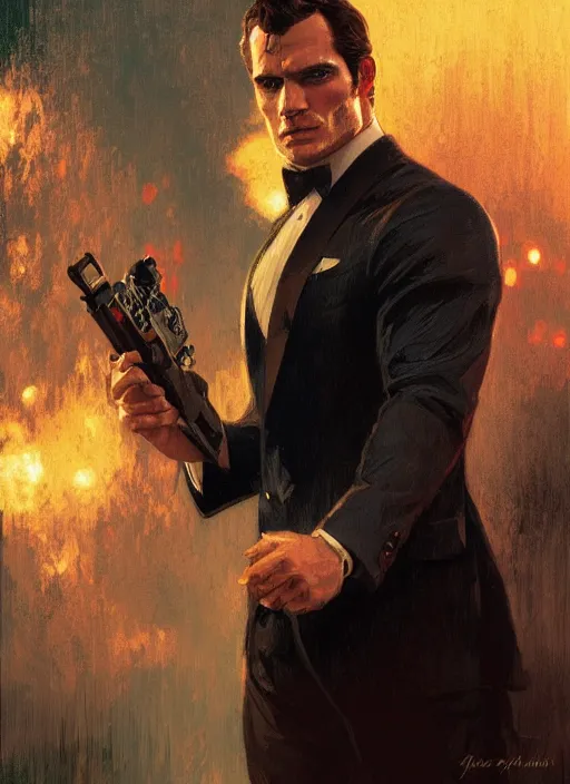 Image similar to portrait of henry cavill as james bond, casino, rain, fire, highly detailed, digital painting, artstation, concept art, cinematic lighting, sharp focus, illustration, by gaston bussiere alphonse mucha