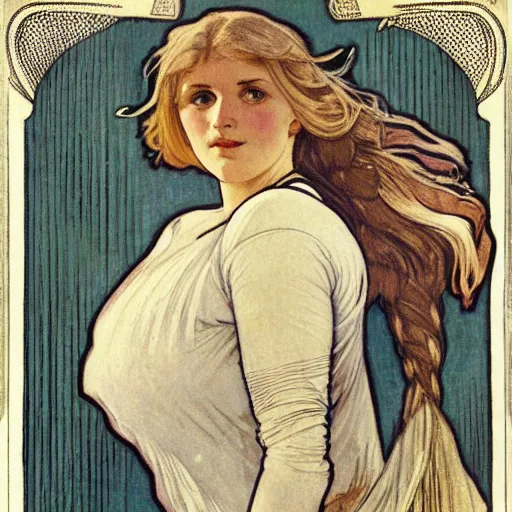 Image similar to blonde danish sports woman portrait by louis - theophile hingre and alphonse mucha, realistic, sharp focus, art nouveau, smart, wisdom, power, football, strong