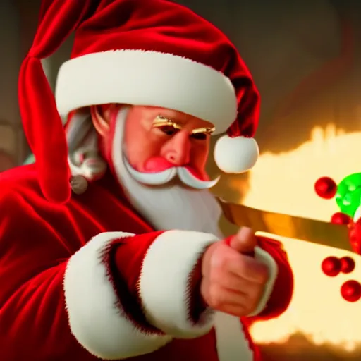 Image similar to high quality photo of santa claus with a candy cane sword, movie still, cinematic, 8 k, unreal engine, 3 d render