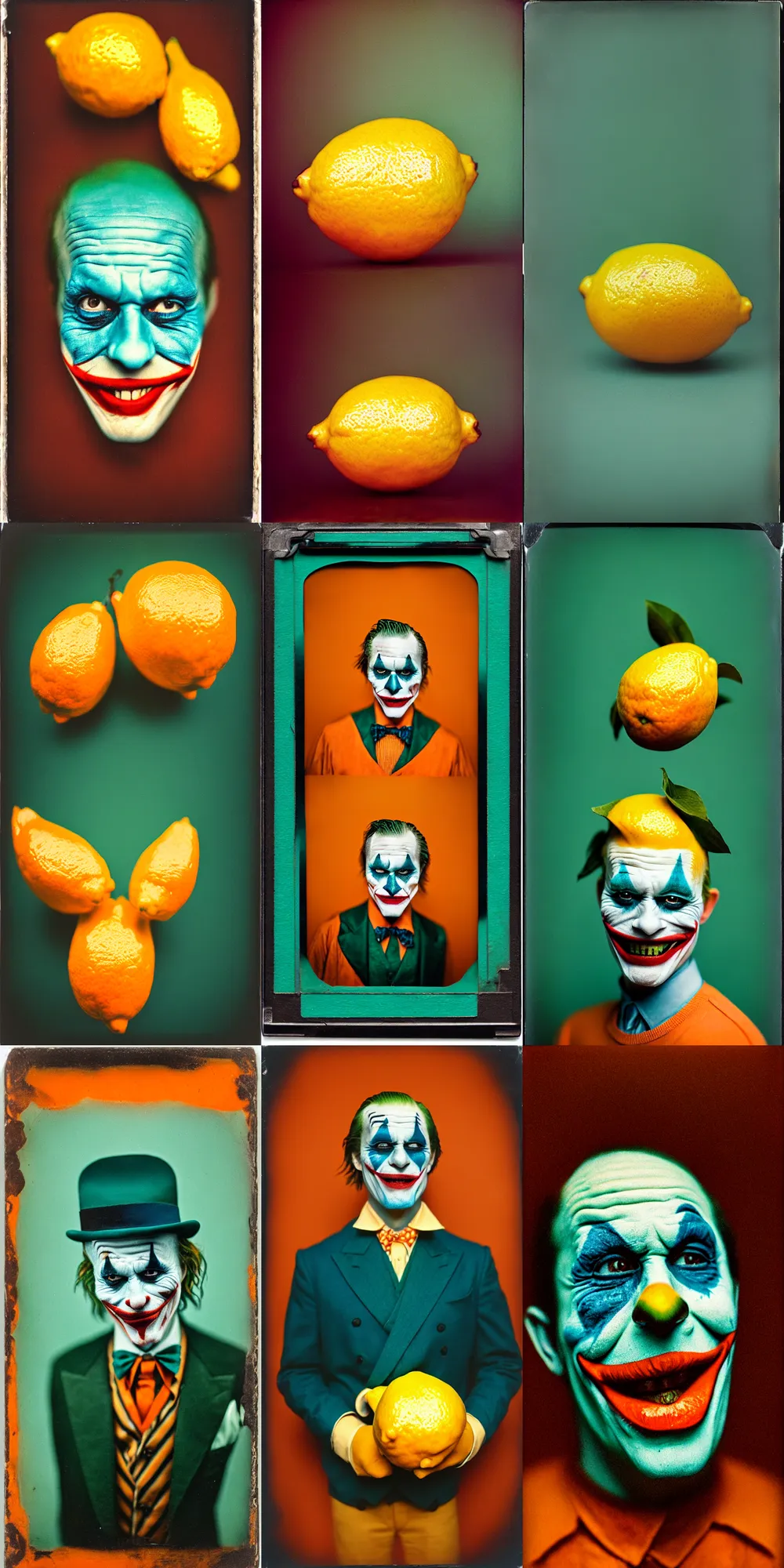 Image similar to kodak portra 4 0 0, wetplate, 8 k, shot of a highly detailed, britt marling style, colour still - life portrait of a lemon looks like 1 9 9 9 joker, teal and orange, muted coloures