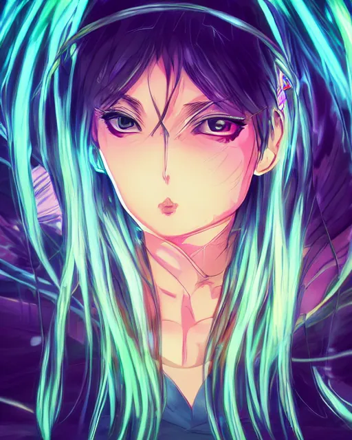 Prompt: anime illustration of a woman entranced, portrait, bewitched, mesmerized, hypnotized, highly detailed, dramatic lighting, cinematic composition, concept art, sharp focus, colorful, photorealistic