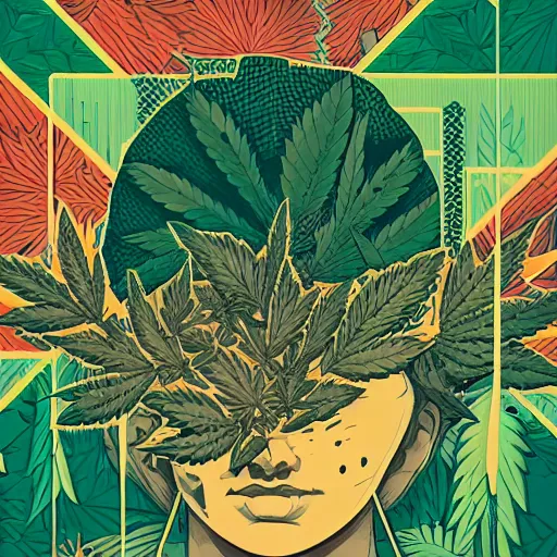 Prompt: Marijuana profile picture by Sachin Teng, symetrical, Vector , Leaf Green, Green smoke, Warm, Good Vibes, Positive, geometric shapes, energetic, intricate background, graffiti, street art:2 by Sachin Teng:4