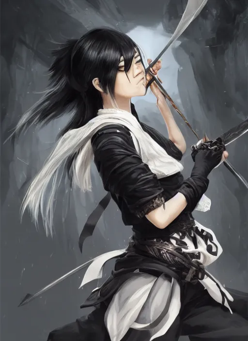 Prompt: a highly detailed illustration of fierce messy ponytail black haired one eyed japanese delinquent woman wearing long white delinquent coat and wearing eyepatch, dramatic wielding paper sword pose, intricate, elegant, highly detailed, centered, digital painting, artstation, concept art, smooth, sharp focus, league of legends concept art, wlop.