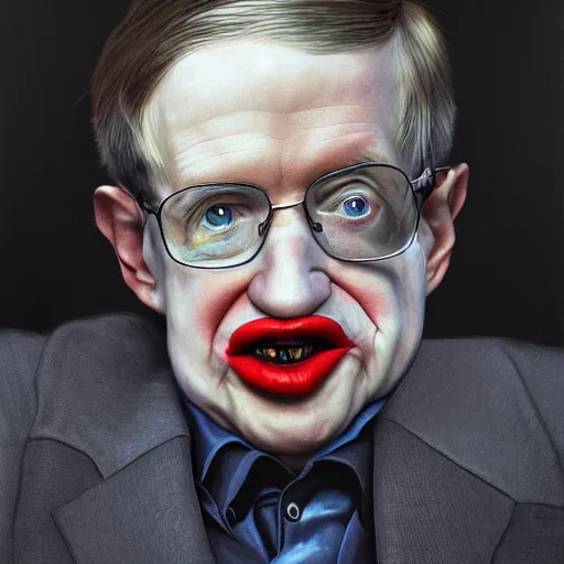 Image similar to UHD hyperrealism painting of closeup of Stephen Hawking wearing clown makeup, by Antonio Caparo and Ferdinand Knab and Greg Rutkowski, UHD, photorealistic, trending on artstation, trending on deviantart, correct face, real clown makeup