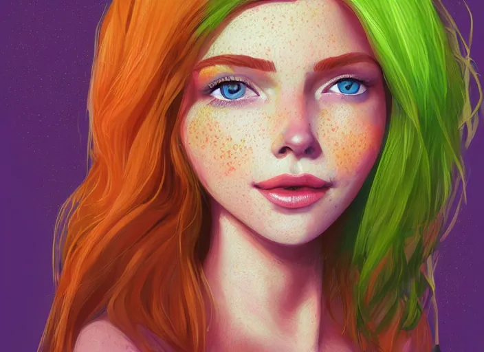 Prompt: portrait of a beautiful smiling girl with orange hair and freckles, green eyes, highly detailed, digital painting, style by Lera Kiryakova artstation, concept art, smooth, sharp, focus, illustration. background is purple