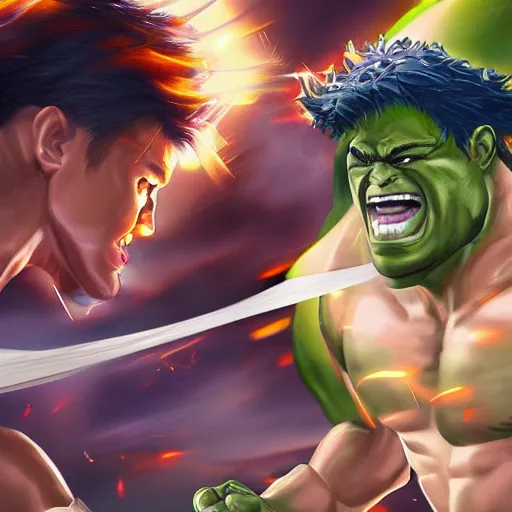 Prompt: epic anime battle between the king tut and the incredible hulk, digital art, game art, character design, trending on artstation, ultra realistic, ultra detailed