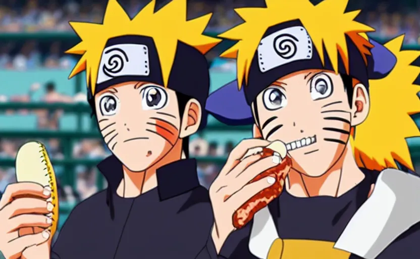 Prompt: Naruto enjoying a hot dog at a baseball game, anime scenery