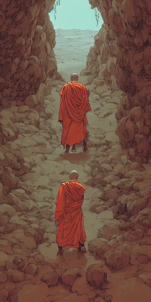 Image similar to portrait of the back of a monk, standing, Borderlands and by Feng Zhu and Loish and Laurie Greasley, Victo Ngai, Andreas Rocha, John Harris