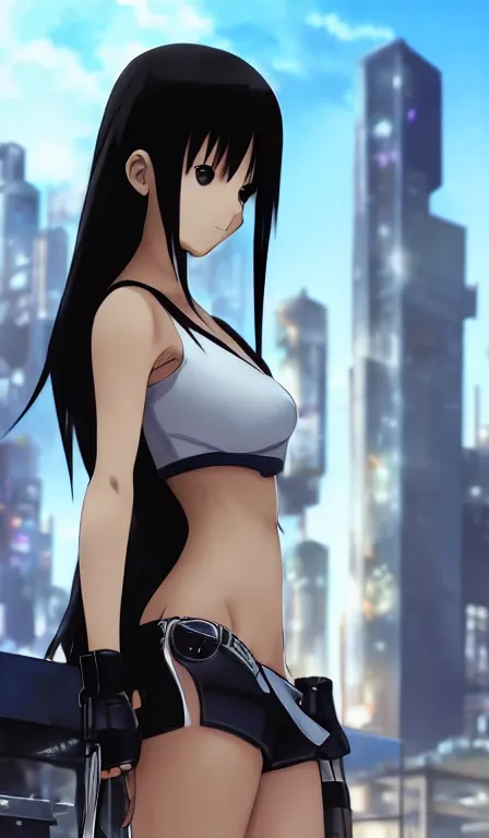 Image similar to anime fine details portrait of Tifa Lockhart in front of cyberpunk moder city landscape on the background deep bokeh, close-up view, anime masterpiece by Studio Ghibli. 8k, sharp high quality anime, artstation