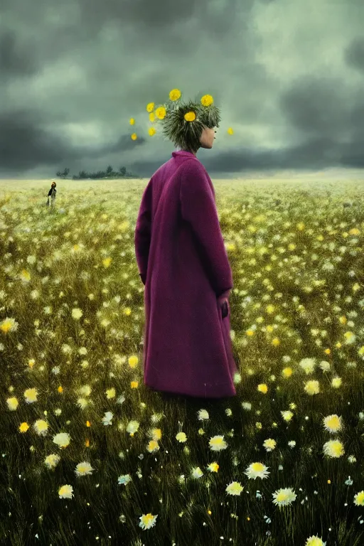 Prompt: portrait, enormous daisy flower head, a girl wearing coat in heather field, surreal photography, wind and cold, dramatic sky, impressionist painting, digital painting, artstation, simon stalenhag