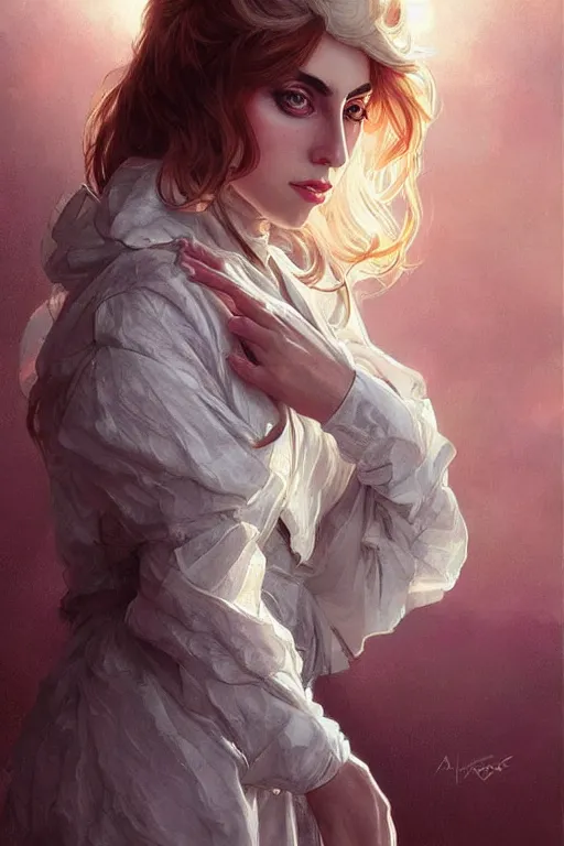 Image similar to beautiful cottagecore lady gaga, intricate, swagger, highly detailed, digital painting, artstation, concept art, smooth, sharp, focus, illustration, art by artgerm and greg rutkowski and alphonse mucha