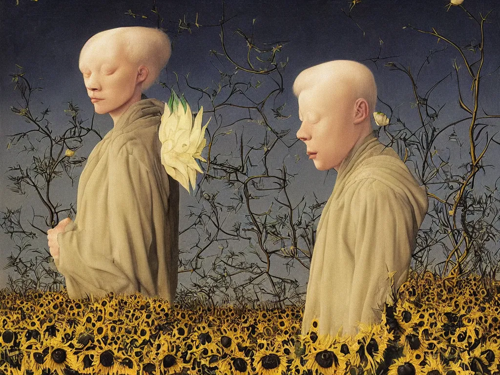 Prompt: Portrait of albino mystic, with wild exotic thorns, with burning sunflower field in the distance. Night. Painting by Jan van Eyck, Audubon, Rene Magritte, Agnes Pelton, Max Ernst, Walton Ford