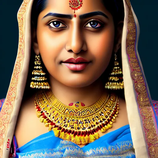 Image similar to highly detailed full body portrait of south asian brown happy woman in traditional wear, studio portrait, grey colored eyes, blue colored traditional wear, photo by jerry ghionis, hyper realistic, concept art, 8 k detail post - processing