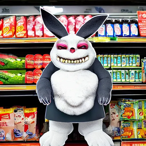 Image similar to scary monster big chungus in a grocery store, vhs, horro