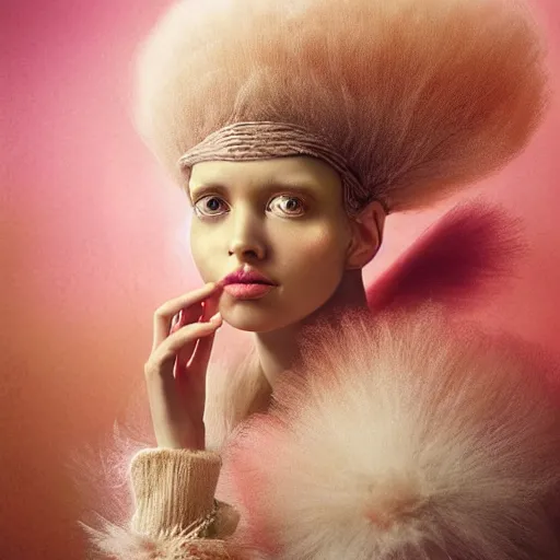 Image similar to brown woman wearing a candyfloss armor. super detailed. layered. textured. award winning. refracted lighting. soft. fragile. by ray caesar. by louise dahl - wolfe. by tom bagshaw. surreal photoraphy