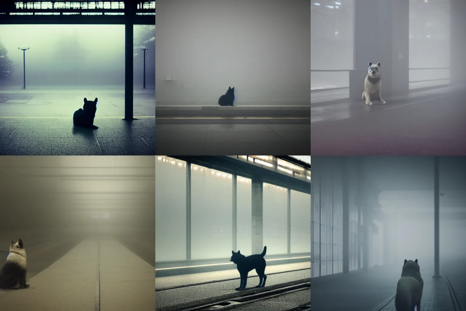 Prompt: high detail 35mm photo of a depressed akita inu waiting alone at an empty foggy train station, orange lighting, desolate, atmospheric, hazy, melancholic, autochrome, 8k, reflections, octane render, unreal engine 5