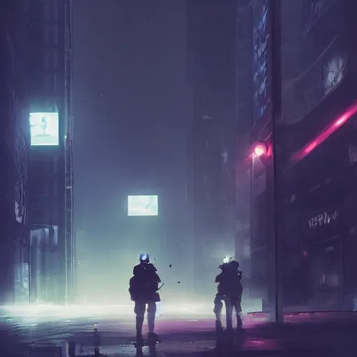 Image similar to police in the streets of cyberpunk warsaw, ethereal lighting, haze, night time, michal lisowski, marthe jonkers