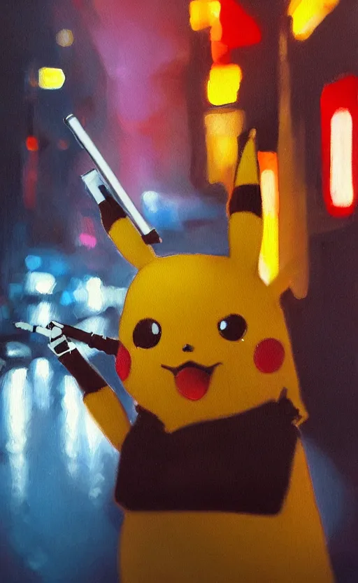 Image similar to a realistic oil painting of Chrome Pikachu smoking a cigarette in a rainy cyberpunk street, by Alex Ross, realistic, 8k, HD, neon, dramatic backlit, bokeh